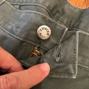 Lee Riveted darkOlive Green Denim Pants, 16 P. Belt loops, zipper fly, snap.